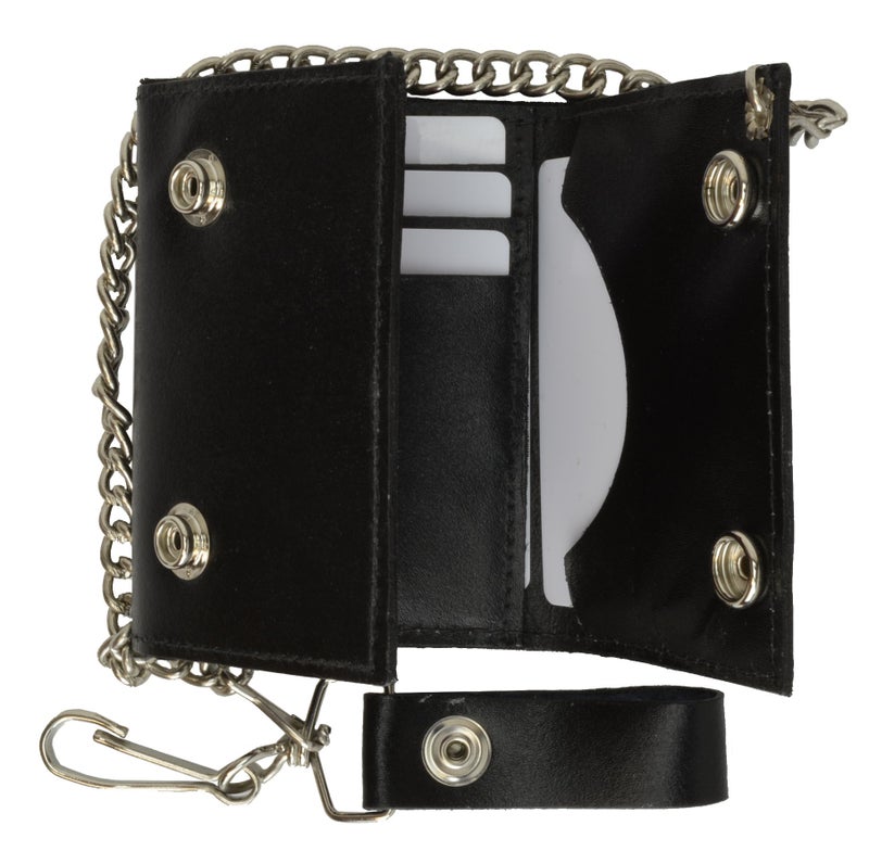 Marshal BLACK GENUINE LEATHER Trifold Biker's Wallet ID Card Holder w/Chain Skull - Image 2